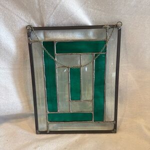 Hand Crafted Green and Clear Stained Glass Panel Wall Art 7x9” sun catcher chain